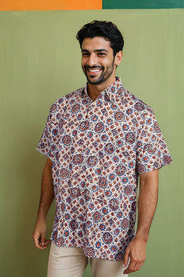 Cream Half Sleeve Ajrakh Printed Cotton Mens Shirt 10071090