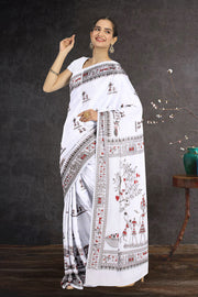 White Warli Print Bengal Cotton Saree 10075303
