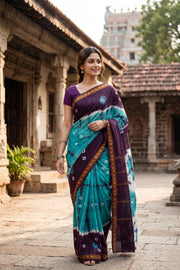 Turquoise Blue and Purple Tie-Dye Sungudi Cotton Saree 10078014