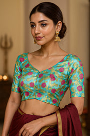 Blue Banarasi Organza Blouse with Floral Motif 10076217