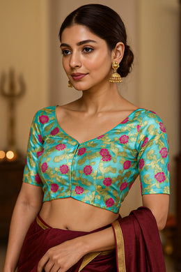 Blue Banarasi Organza Blouse with Floral Motif 10076217