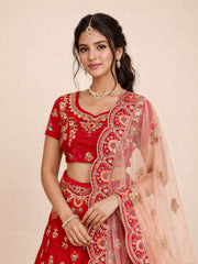  Red Net Silk Embroidered Lehenga 10076882