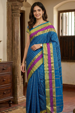 Blue Vegan Silk Kanjivaram Saree With Checks Design 10076352
