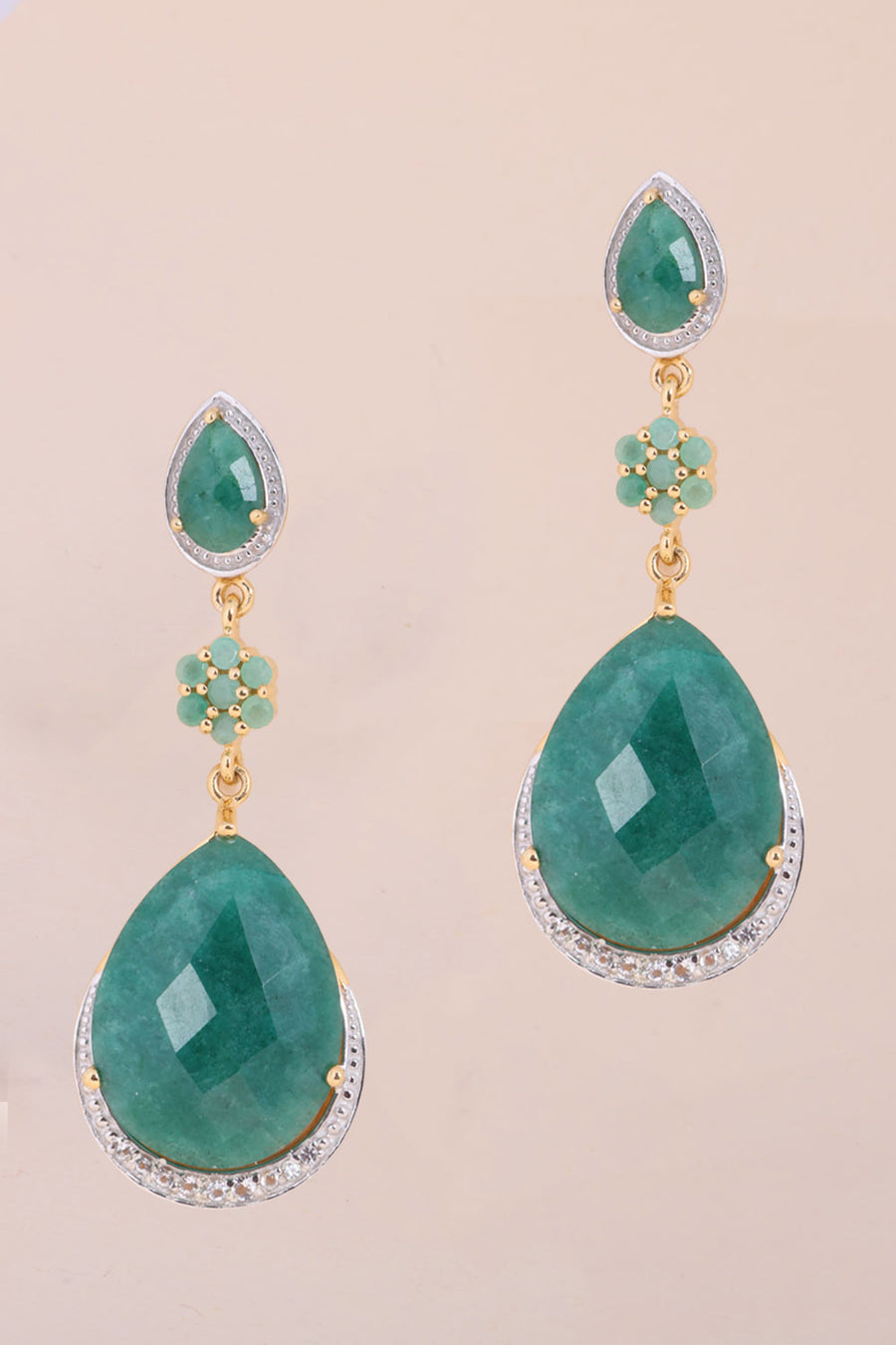Emerald Flat Briolite, Sakota Emerald, White Topaz Sterling Silver Drop Earing - Avishya