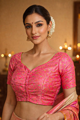 Candy Orchid Pink Banarasi Silk Blouse with Floral Motif 10076605