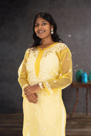 Yellow Chikankari Embroidery Organza Kurta 10074387