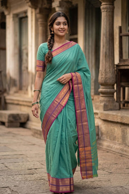 Teal Blue Handloom Chettinad Cotton Saree 10077350