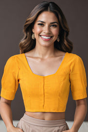 Chinese Yellow Handcrafted Oxford Cotton Solid Style Blouse 10073192