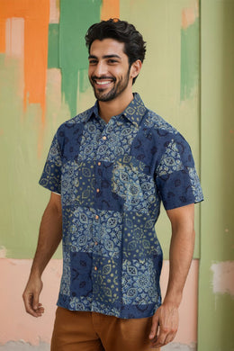 Blue Half Sleeve Ajrakh Printed Cotton Mens Shirt 10072713