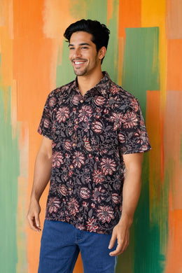 Black Half Sleeve Jahota Printed Cotton Mens Shirt 10074311