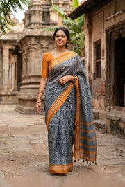Dark Grey Printed Semi Tussar Silk Saree 10077231