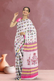 White Hand Block Printed Cotton Saree 10069071