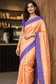 Peach Vegan Silk Kanjivaram Saree With Checks Design 10076310