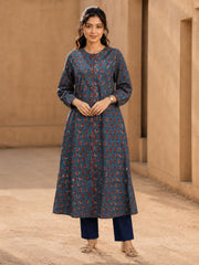Indigo Hand Block Printed Cotton Kurta 10077663