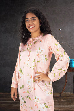 Peach Printed Vegan Charmeuse Silk Dress 10074054