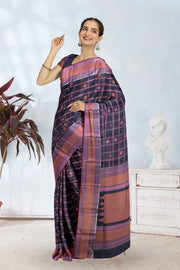 Navy Blue Threadwork Handloom Kanjivaram Silk Saree 10067869