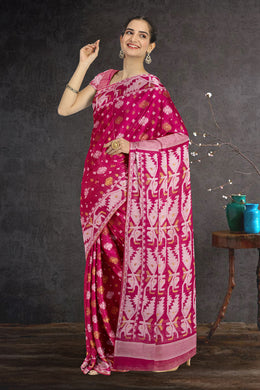 Pink Handloom Jamdani Style Cotton Saree with Blouse 10074229