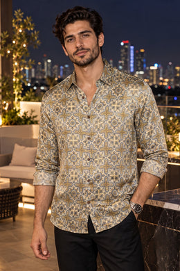 Beige Ajrakh Printed Vegan Modal Silk Mens Shirt 10078099