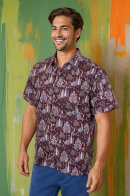 Brown Half Sleeve Jahota Printed Cotton Mens Shirt 10074413