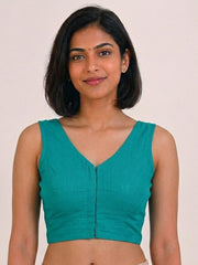 Blue Handcrafted Slub Cotton Solid Style Blouse 10073178