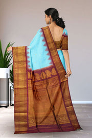 Gadwal Kuttu Weave Handloom Silk Saree in Light Sky Blue with Reddish Brown Zari Border and Pallu 10062951