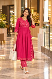Hot Pink Printed Cotton Kurta Set 10078208