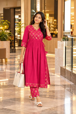 Hot Pink Printed Cotton Kurta Set 10078208