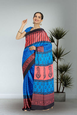 Blue Printed Semi Tussar Silk Saree 10074898