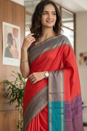 Kanjivaram Red Vegan Silk Saree With Checks Design 10076347