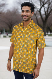 Mustard Yellow Half Sleeve Ajrakh Printed Cotton Mens Shirt 10071098