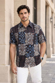 Black Half Sleeve Ajrakh Printed Cotton Mens Shirt 10072989