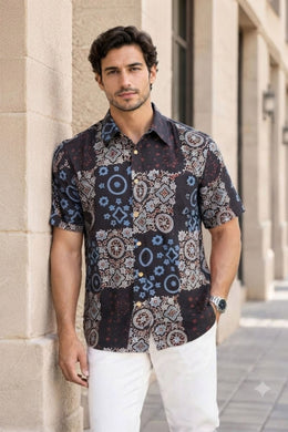 Black Half Sleeve Ajrakh Printed Cotton Mens Shirt 10072989