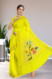 Yellow Handwoven Paithani Cotton Saree with Silk Pallu 10062509