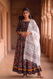 Black & Red Hand Block Printed Cotton Chaniya Choli With Kota Doria Dupatta 10066318