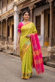 Green Kanjivaram Silk Cotton Saree with Ikat Border 10077975
