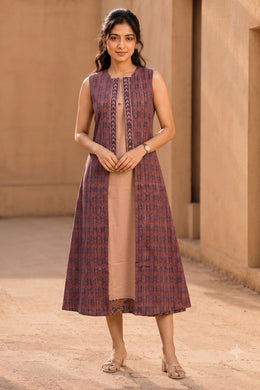 Peach Embroidered  Cotton Dress with Jacket 10077633
