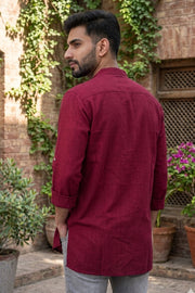 Wine Red Full Sleeve Slub Cotton Solid Style Men's Kurta 10074253