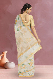 Cream Parrot Motifs Chanderi Printed Silk Cotton Saree 10075924