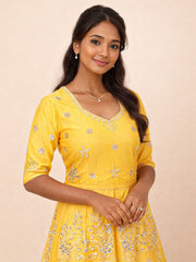 Yellow Net Silk Embroidered Lehenga 10076883