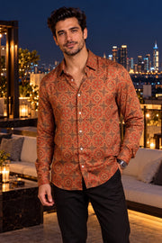 Rust Orange Ajrakh Printed Vegan Modal Silk Mens Shirt 10078100