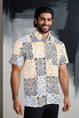 Beige Half Sleeve Ajrakh Printed Cotton Mens Shirt 10072915