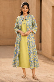 Pista Green Hand Block Printed Midi Coat Cotton Dress With Jacket 10077649
