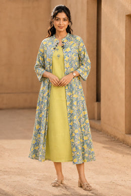 Pista Green Hand Block Printed Midi Coat Cotton Dress With Jacket 10077649