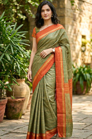 Kanjivaram Green Vegan Silk Saree With Stripes Design 10076330