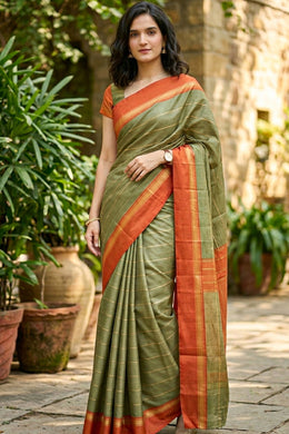 Kanjivaram Green Vegan Silk Saree With Stripes Design 10076330