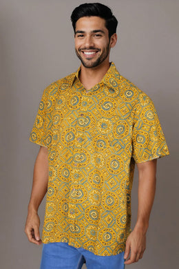 Yellow Half Sleeve Ajrakh Printed Cotton Mens Shirt 10071084