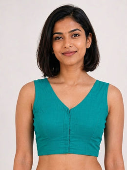 Blue Handcrafted Slub Cotton Solid Style Blouse 10073178