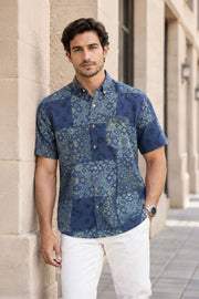 Blue Half Sleeve Ajrakh Printed Cotton Mens Shirt 10072713