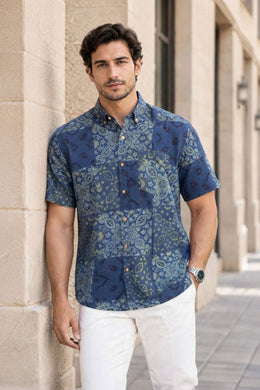 Blue Half Sleeve Ajrakh Printed Cotton Mens Shirt 10072713