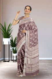 Brown Hand Block Printed Linen Saree 10066386